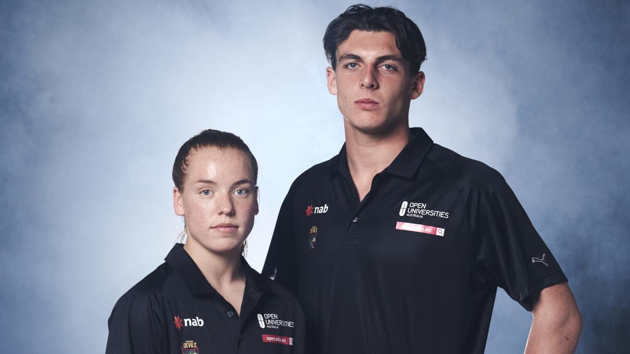 AFLW draft prospect Mia King stands alongside fellow Tasmanian Devil Jackson Callow.