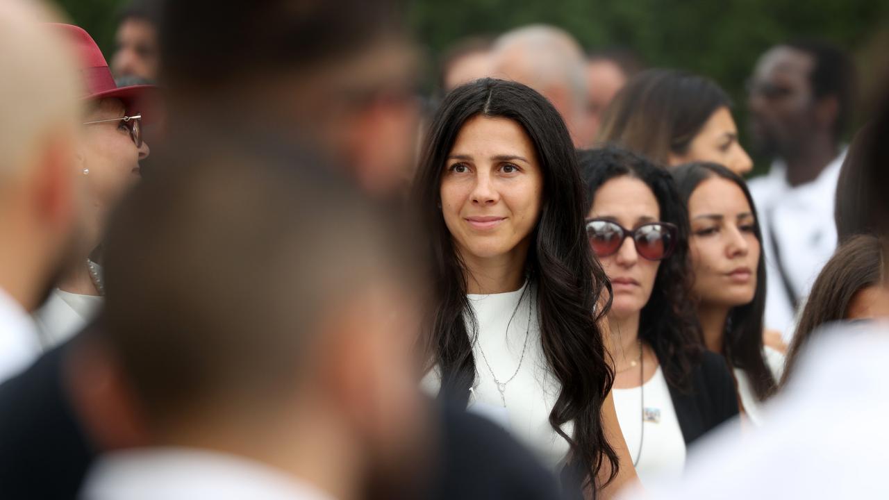 Mother Leila Abdallah spoke on stage at the funeral for her children. Picture: Jonathan Ng