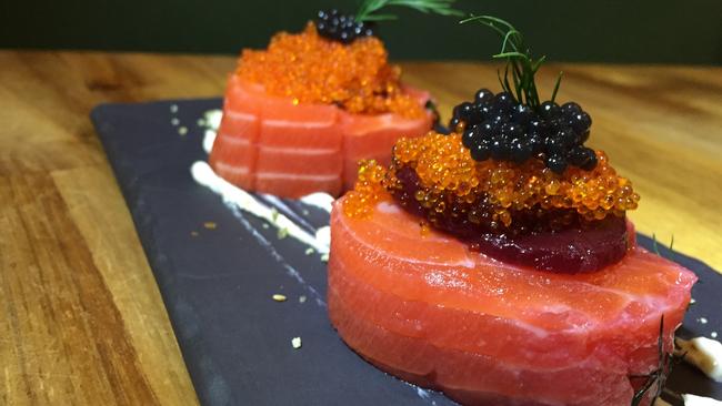 Trout, beetroot and caviar at Tapas Tapas Bodega in Turramurra.