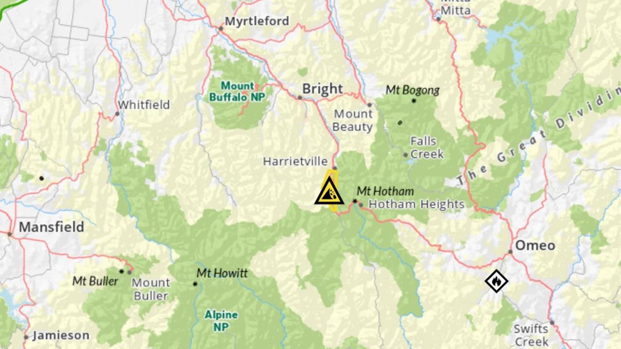 The location of the landslide on the Great Alpine Road. Picture: Supplied/Vic Emergency.