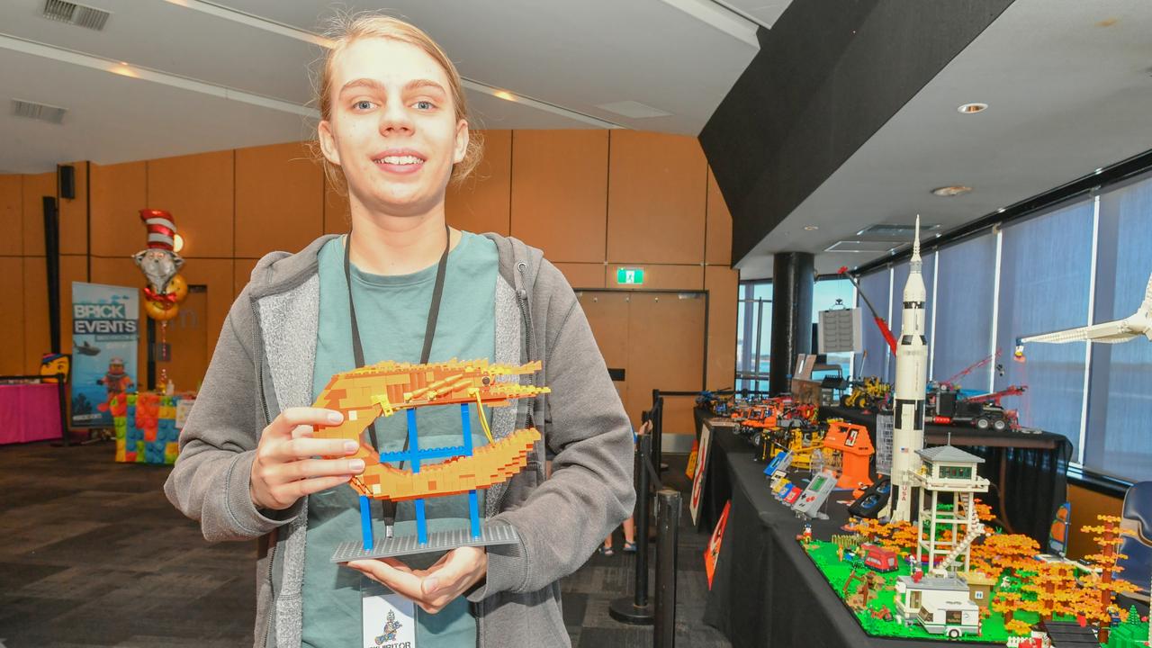 Ballina Lego master builder Coopa Donnelly, 15, showcasing the Ballina Big Prawn among many other creations, at the Ballina Brick Event in the Ballina RSL Club on Sunday, April 16.