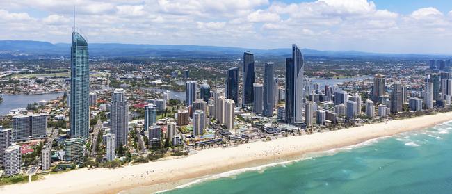 Sunny aerial view of Surfers Paradise looking inland on the Gold Coast, Queensland, Australia