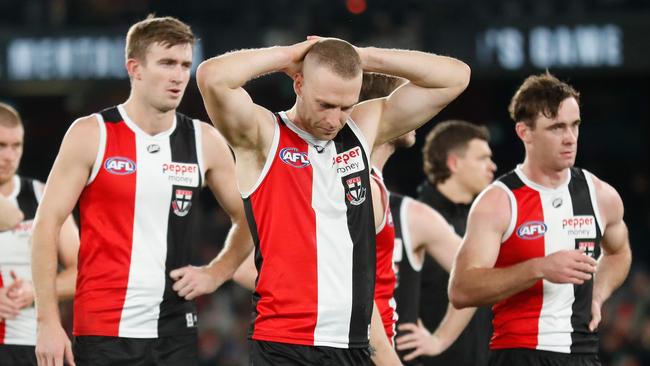 Callum Wilkie of the Saints looks dejected after losing to Essendon.