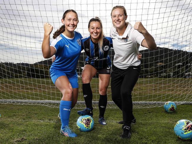 Members of the women’s Tasmanian squads to play against Calder United, from left, Natalia Leszczynski, Danielle Kannegiesser and Eli Cropp. Picture: Zak Simmonds