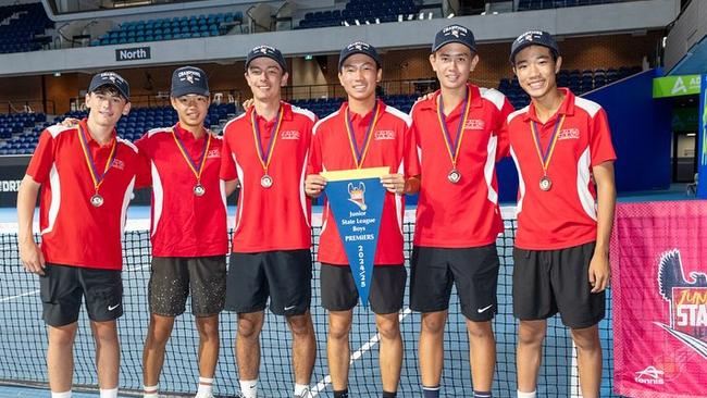 East Adelaide Payneham celebrates winning the 2025 Tennis SA Junior State League boys title. Picture: Tennis SA