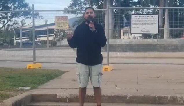 Alwyn Doolan speaks at a Darumbal community gathering in Rockhampton