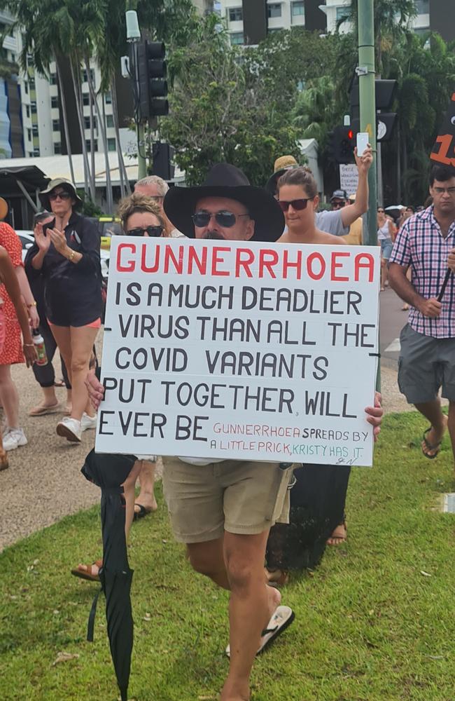 A protester at the Worldwide Rally for Freedom in Darwin on Saturday. Picture: Thomas Morgan.