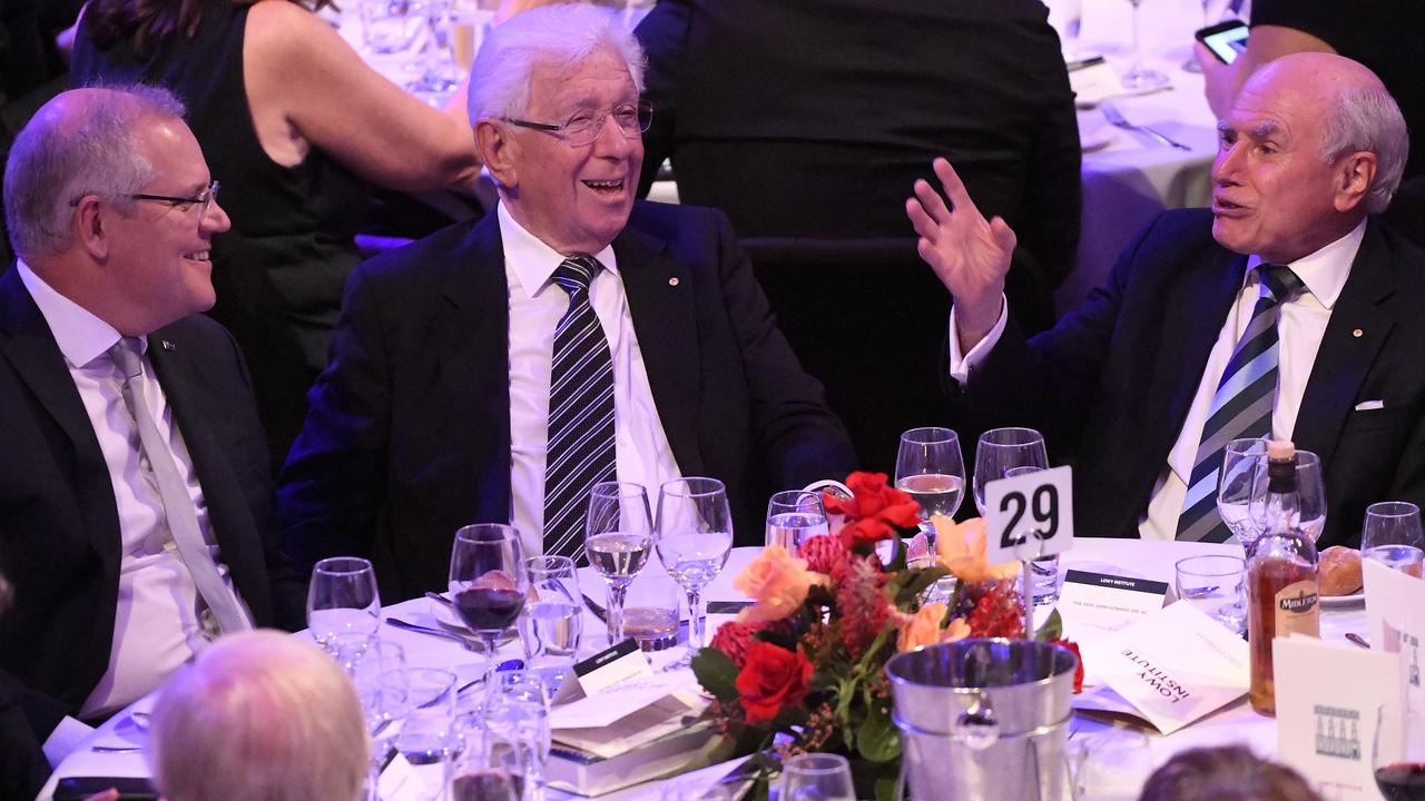 Scott Morrison, Lowy Institute Chairman Frank Lowy and former prime minister John Howard at Sydney’s Town Hall. Picture: Bianca De Marchi/AAP