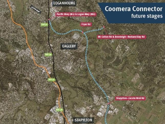 A map showing the second stage of the Coomera Connector, north of Coomera through to Loganholme.