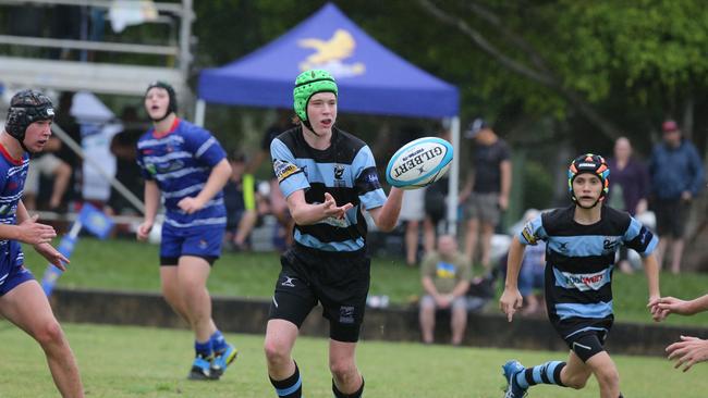 Day 1 of the King of the Country junior rugby union tournament at the Gold Coast Eagles Rugby Union Club.Maroochydore Swans (BLUE AND BLACK) vs USQ Saints (Blue ) Maroochydore Player No USQ Player No Pic Mike Batterham