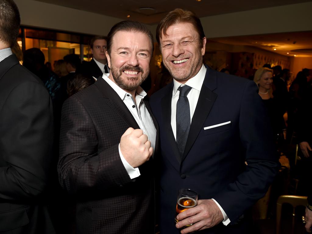 Ricky Gervais and actor Sean Bean attend HBO’s Official Golden Globe Awards After Party. Picture: Jeff Kravitz/FilmMagic