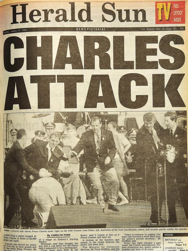 Front pages of the Herald Sun after Prince Charles was attacked during his 1994 tour of Australia.