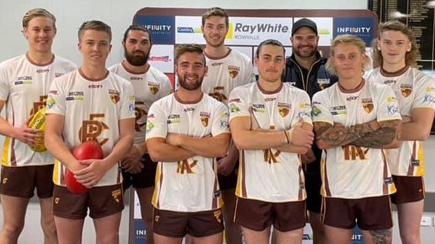 L-R: Kurtis Flakemore, Tyler Edwards, Jarrod Healy, Jonte Duffy, Lachie Wynd, Chayce Black, coach Ben Wise, Brock Coleclough, Cooper McDonald. Picture: Rowville FC