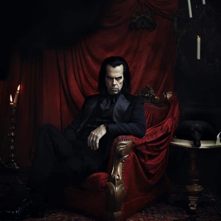 Candlelight illuminates musician Nick Cave in Dracula’s lair.