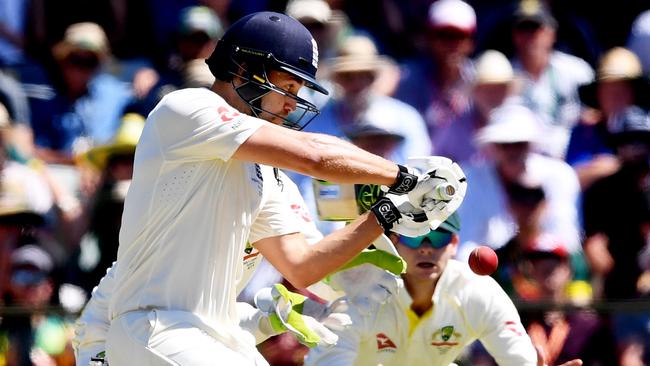 England's Dawid Malan plays one square before the tea break. Photo: AAP