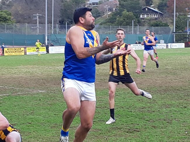 Marc Holt on his way to seven goals against Upwey Tecoma on Saturday. Pic: Cranbourne FNC