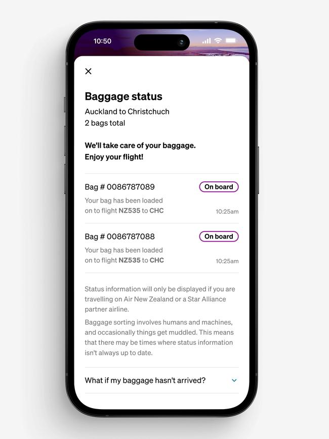 The Air New Zealand phone app, which will allow customers to track their bags on international flights. Picture: Supplied