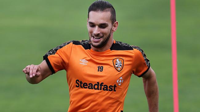 Jack Hingert trains with teammates on Monday ahead of the clash against Adelaide. Picture: Jack Tran