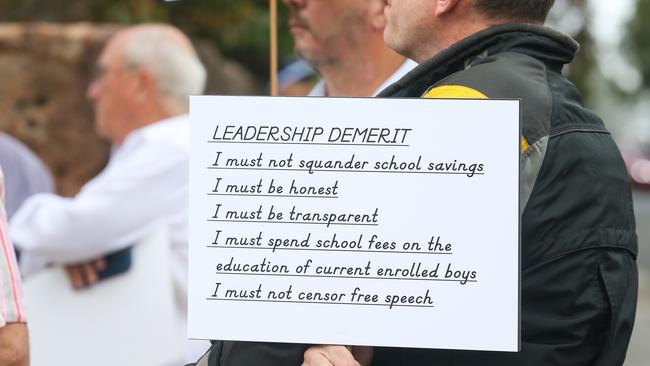 Parents are seen campaigning against Newington College's controversial decision to go co-ed at the prestigious secondary school on the first day of the 2024 academic year today in Stanmore, Sydney. Picture: Gaye Gerard