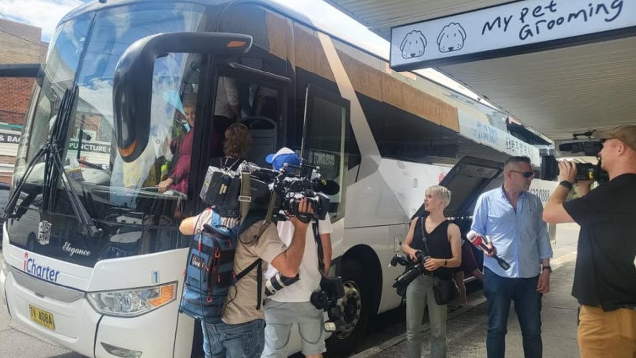 Media unload from the Liberal’s campaign bus after it broke down on Thursday. Picture: The Daily Telegraph/ Lachlan Leeming