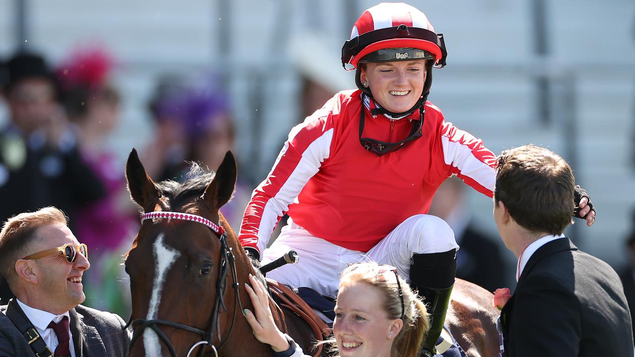ASCOT, ENGLAND - JUNE 14: Bradsell ridden by Hollie Doyle celebrates after winning the Coventry Stake during Royal Ascot 2022 at Ascot Racecourse on June 14, 2022 in Ascot, England. (Photo by Ryan Pierse/Getty Images)