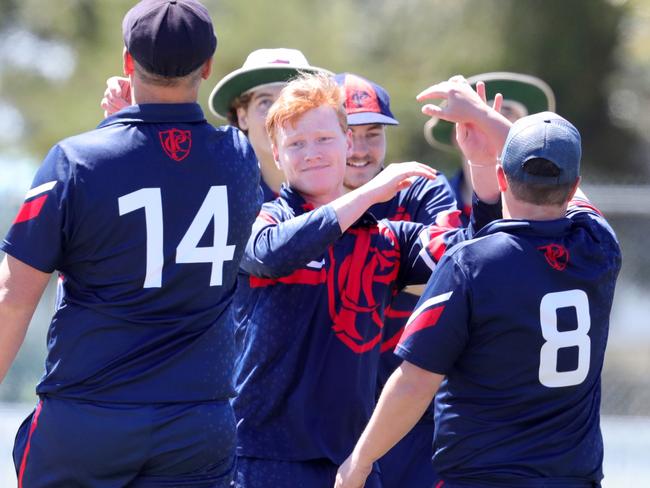 Cricket BPCA match between Portarlington and Newcomb at Portarlington. Newcomb  batsman Chris Hope is out ( LBW ?)off the bowling of Jimmy Tilders  seen celebrating with team matesPicture: Mark Wilson