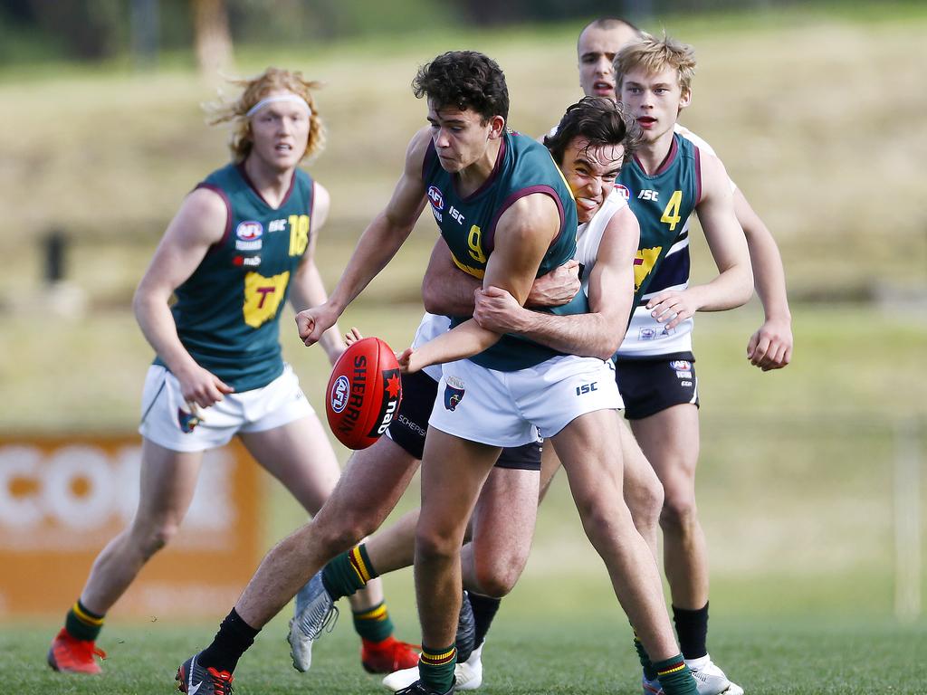 AFL - Tasmania Devils under-18 team in NAB League game against the Northern Knights at Twin Ovals, Kingston. (L-R) Joseph Chaplin (9) playing for the Devils. Picture: MATT THOMPSON