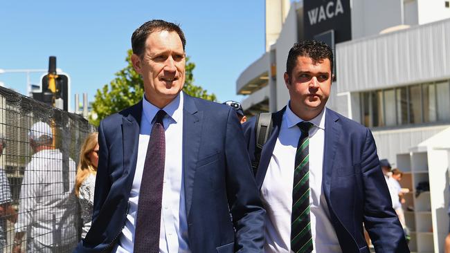 Timothy Whittaker (R) with former Cricket Australia CEO James Sutherland (L) in 2017. Picture: Quinn Rooney/Getty