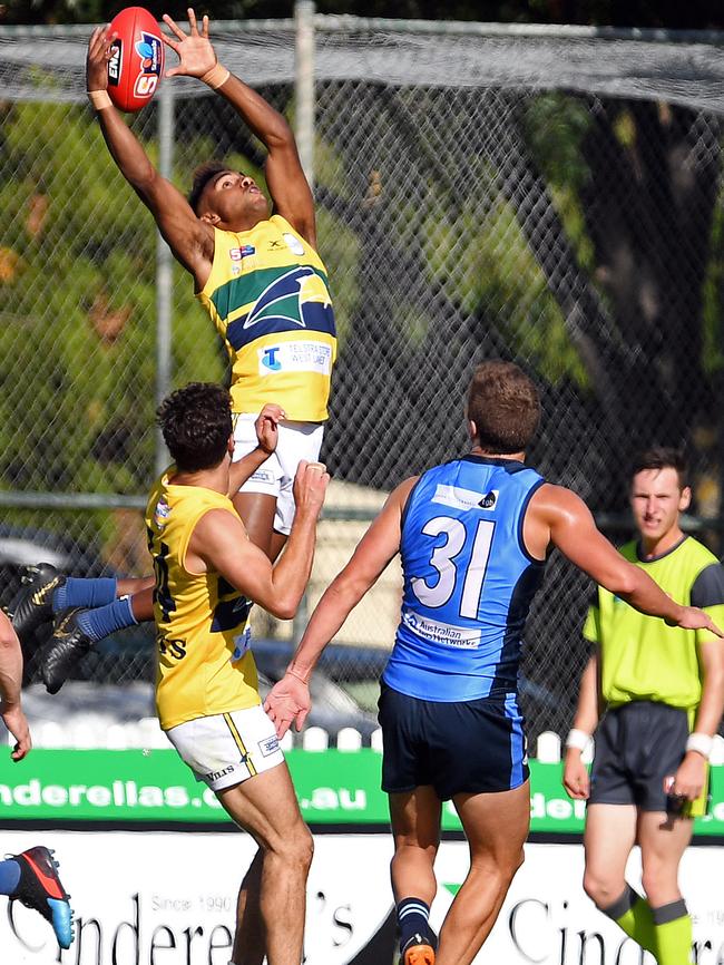 Eagles’ Kysaiah Pickett almost pulls down a screamer at Unley Oval. Picture: Tom Huntley