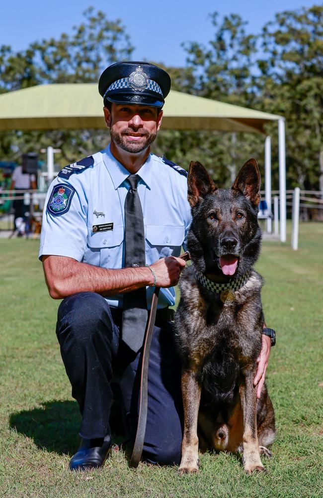 Police Dog Kaos, with Senior Constable James Griffiths, awarded the German Shepherd Dog Council of Australia Outstanding Canine Service Award at a ceremony by the Dogs Queensland Group in Durack. Photo: Queensland Police.