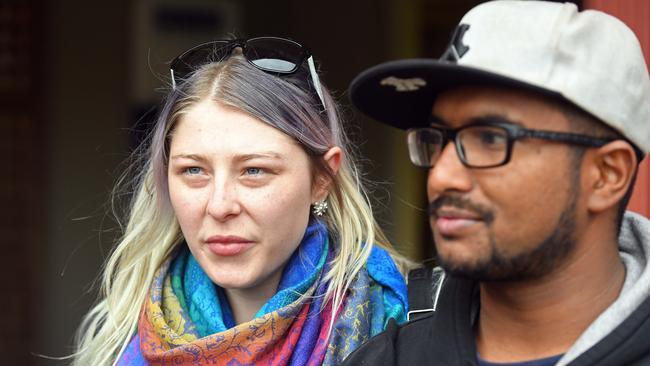 Homestead Homes customers Jade- Anne and Daniel Wigg at the builder’s office to ask about their half-finished house. Pic: Tom Huntley