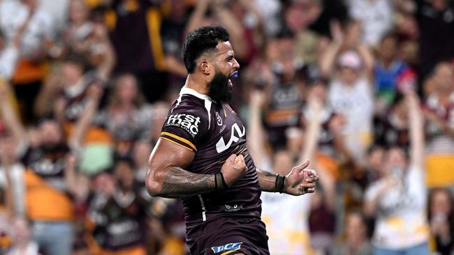 BRISBANE, AUSTRALIA - MARCH 21: Payne Haas of the Broncos celebrates after scoring a try during the round three NRL match between Brisbane Broncos and North Queensland Cowboys at Suncorp Stadium, on March 21, 2025, in Brisbane, Australia. (Photo by Bradley Kanaris/Getty Images)