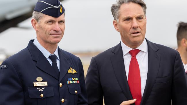 RAAF Chief of Air Force Robert Chipman (left) and Australian Deputy Prime Minister, Richard Marles at the Australian International Airshow &amp; Aerospace and Defence Exposition (AVALON 2023). Picture: Asanka Ratnayake/Getty Images