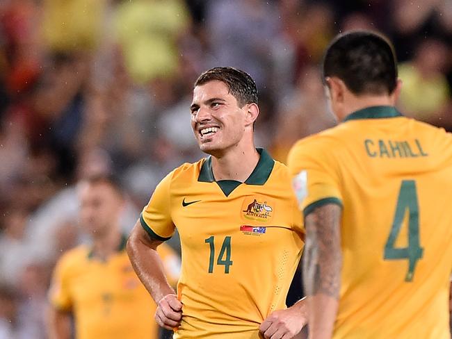 BRISBANE, AUSTRALIA - JANUARY 22: James Troisi of Australia smiles during the 2015 Asian Cup match between China PR and the Australian Socceroos at Suncorp Stadium on January 22, 2015 in Brisbane, Australia. (Photo by Matt Roberts/Getty Images)