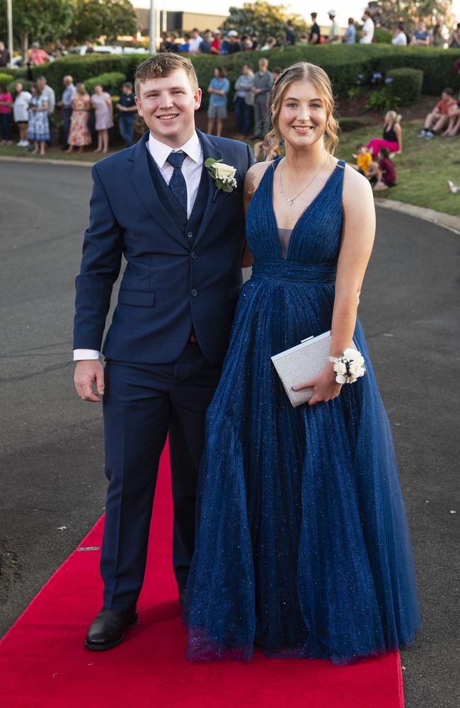 Graduates Connor Cranston and college captain Katelyn Burton arrive at Mary MacKillop Catholic College formal at Highfields Cultural Centre, Thursday, November 14, 2024. Picture: Kevin Farmer