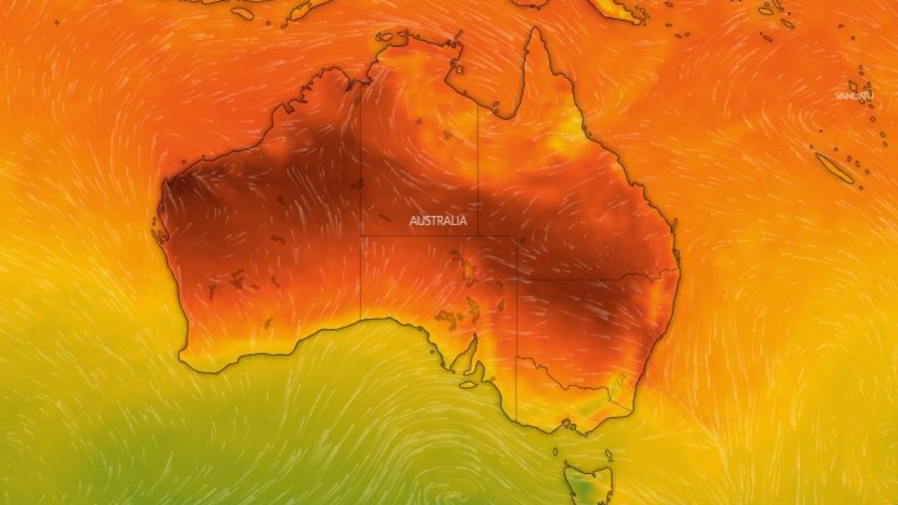 Parts of the east coast prepare for a heatwave while southern regions brace for severe thunderstorms and snow. Picture: Windy.com