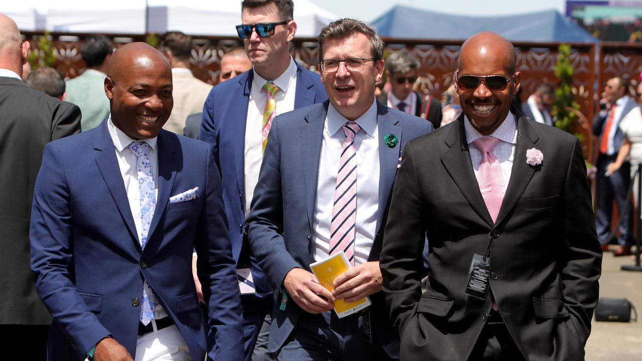 Former West Indian Cricketer Brian Lara with MP Alan Tudge and Robert Wickham. Picture: Stuart McEvoy