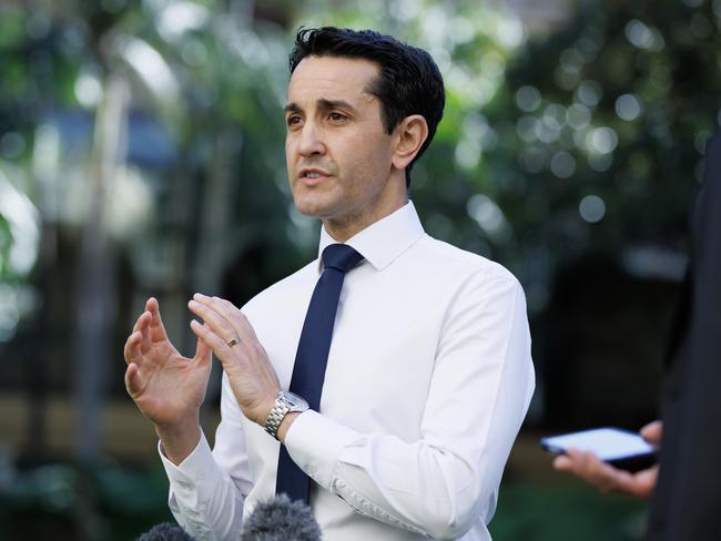 David Crisafulli talks at a media announcement at Parliament House on Sunday morning. Picture Lachie Millard