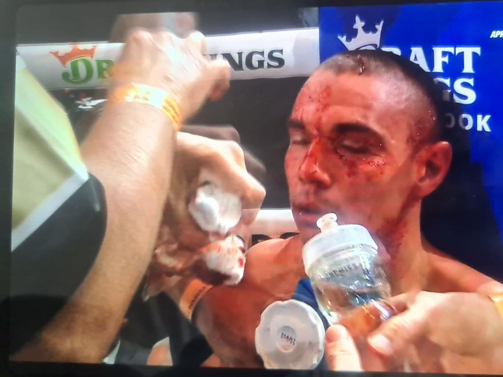 A stray elbow left Tim Tszyu with a deep cut on his head. Picture: Main Event