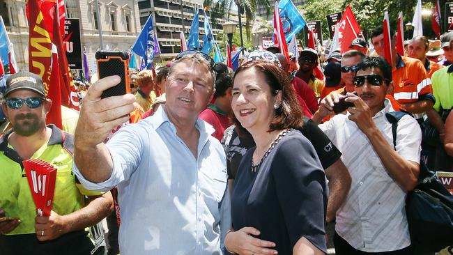 Premier Palaszczuk posed for a well-publicised ‘selfie’ with former CFMEU representative Dave Hanna in 2015. Picture: Glenn Barnes