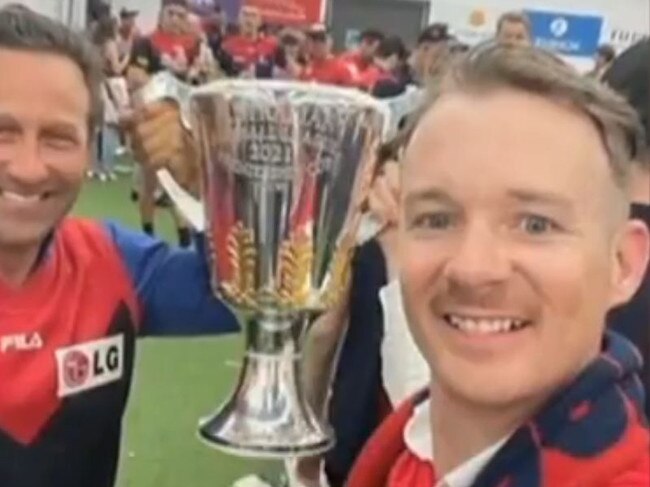 Hayden Burbank (left) and Mark Babbage with the Premiership Cup. Picture: Channel 7