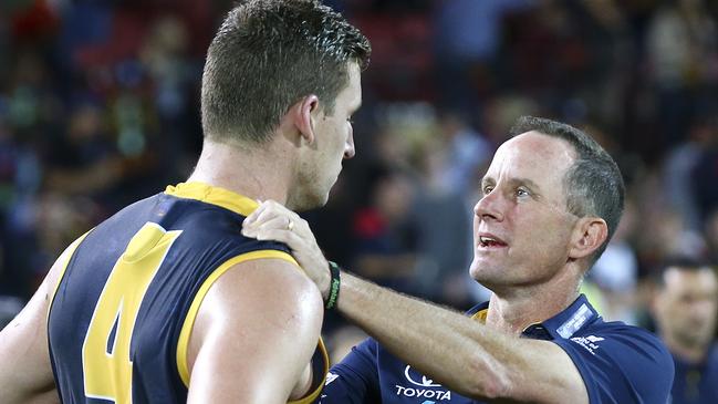 Adelaide’s Josh Jenkins talks with coach Don Pyke after a Crows win last season. Picture: SARAH REED