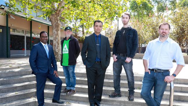 Candidates for the federal seat of Chifley Liberal Livingston Chettipally, Greens’ Brent Robertson, Independent Ammar Khan, United Australia Party’s Joseph O'Connor and Labor incumbent Ed Husic. Not pictured, Josh Green on the Christian Democratic Party. Picture: Angelo Velardo