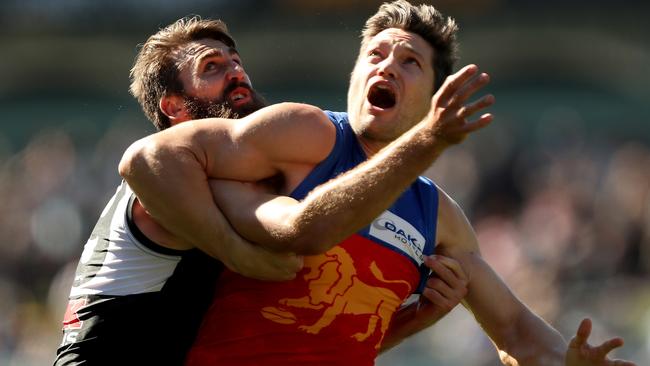 Brisbane’s Stefan Martin uses his greater strength and guile to take prime ruck position against makeshift Port Adelaide ruckman Justin Westhoff at Adelaide Oval in round three. Picture: James Elsby (AFL Media/Getty Images).