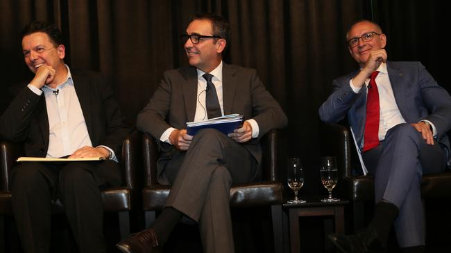 SA Best leader Nick Xenophon with Opposition leader Steven Marshall and Premier Jay Weatherill at one of the leaders’ debates. Both Labor and Liberal were found to have made misleading election claims. Picture: AAP / Emma Brasier