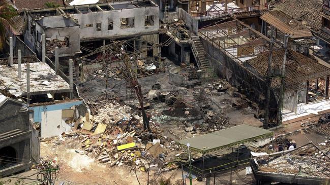 The ruins of the Sari night club and surrounding buildings after the 2002 Bali bombing.