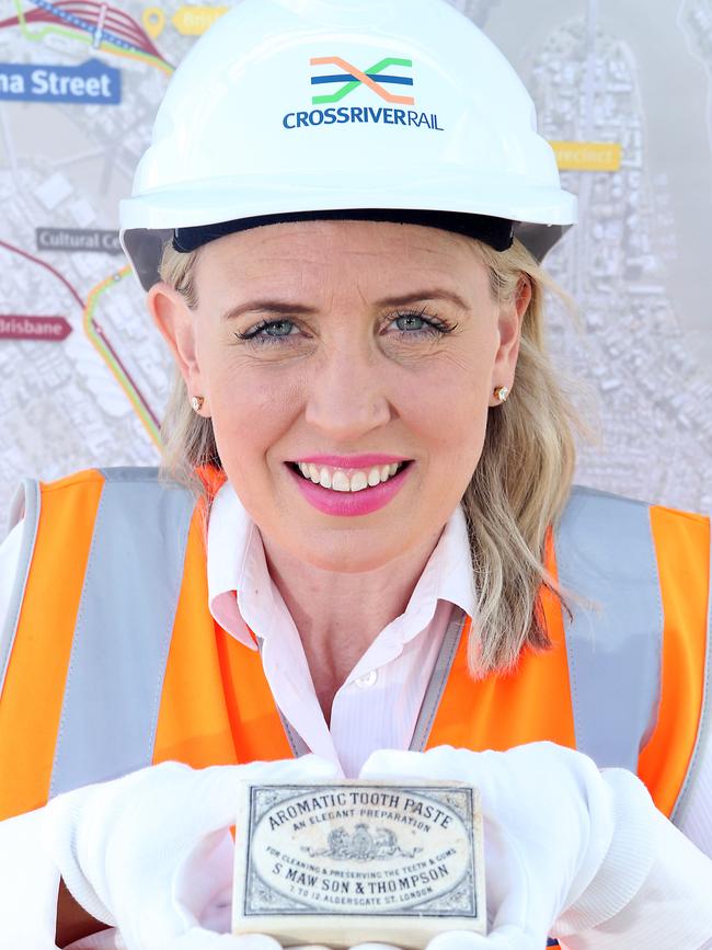 Minister for Cross River Rail Kate Jones holds a ceramic box for holding tooth paste. Picture: AAP Image/Richard Gosling