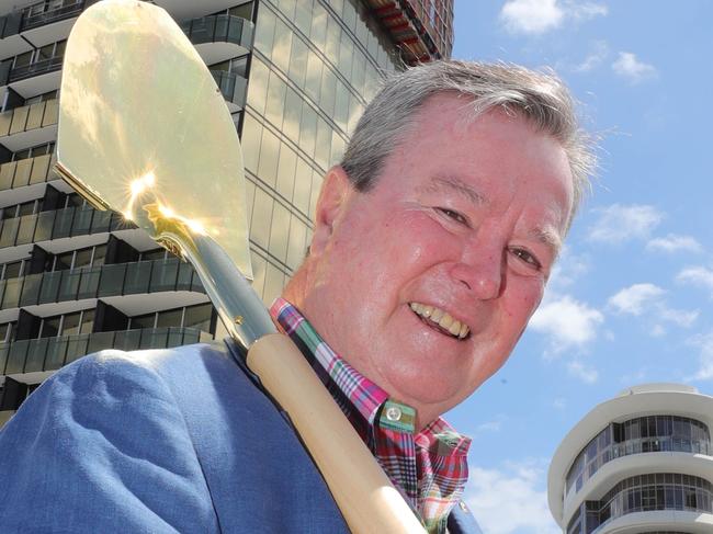 The Star Entertainment Group sod turning ceremony at their new development site at Broadbeach. John O'Neill, Chairman of  The Star Entertainment Group, with his gold shovel. Picture Glenn Hampson