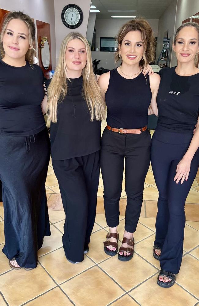 Heidi Mitchell, Shiloh Hobbs and Maddie and Emily Farmer at five-star rated Maddies Hair Bar hair and beauty salon on Lannercost Street in the Ingham CBD. Owner Maddie and her team of professional stylists are battling back against the odds in the wake of the Hinchinbrook flood disaster that has left local businesses reeling. Picture: Cameron Bates