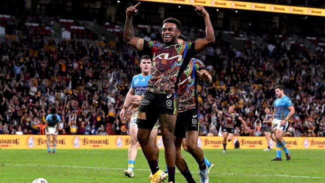 Ezra Mam celebrates a trry during the Broncos’ stunning comeback against the Titans. Picture: Bradley Kanaris/Getty Images